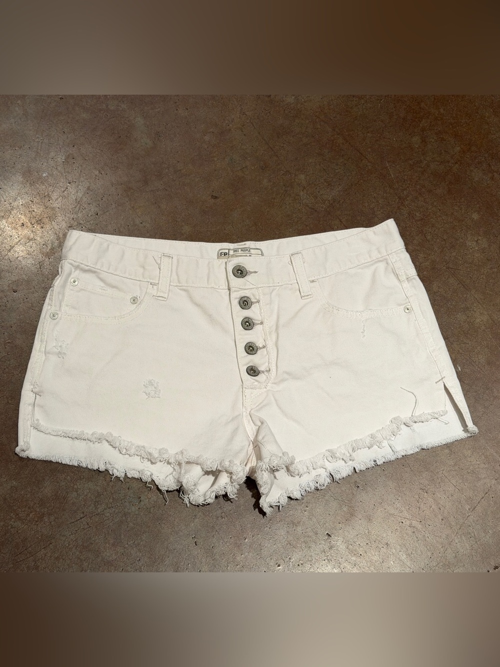 Free People White Distressed Button-Fly Denim Shorts